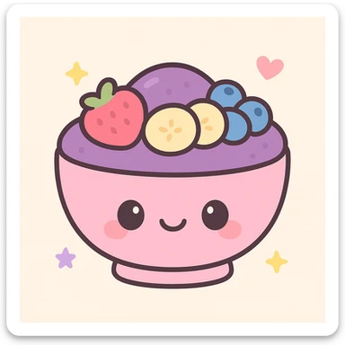 Mighty Purple acai bowl, kawaii style, cute face on bowl, purple acai, playful fruit toppings sticker