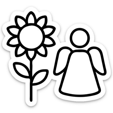 icon of a sunflower and an angel, clean and simple, modern icon style sticker