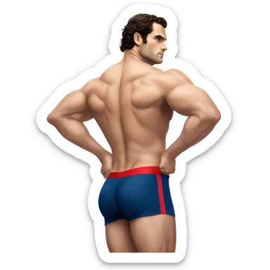 Henry cavill in a jock, backwards view, stretching glutes sticker