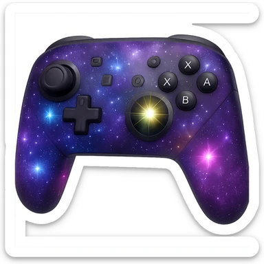 Nintendo Switch Pro controller decorated with a purple galaxy pattern, RGB light-up stars, radiant and energetic sticker