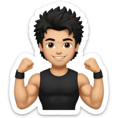 a pretty bratz guy with black hair with big muscles and shaggy hair in a tight black tee smiling sticker