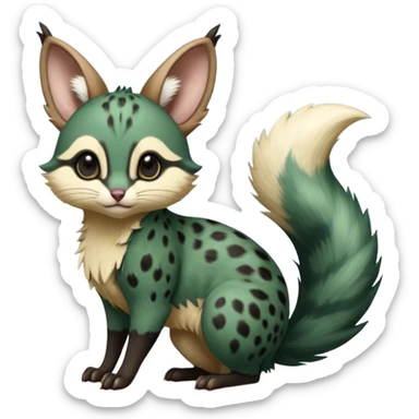 Dark-Green, black-pointed, soft natural realistic romantic vintage antique divine beautiful elegant pretty precious cute young youthful  Fakémon-Pokémon-alien-opossum-squirrel-feline-serval-caracal-chinchilla-Minccino-Cinccino-Meowstic-rodent-hybrid-creature with a big fluffy bushy tail (full body) sticker