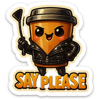 Tall coffee cup, dressed in leather holding a whipping crop, mischevious, "big "Say Please" sticker