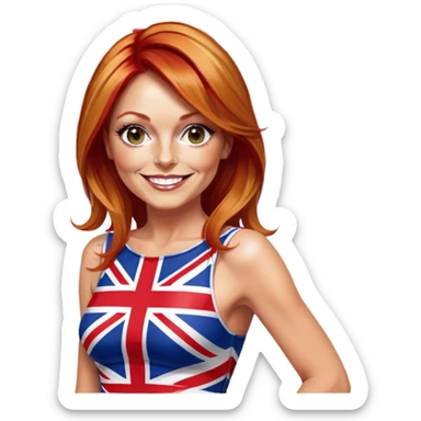 Geri Halliwell smiling with red hair and blonde highlights wearing a short bodycon Union Jack flag dress sticker