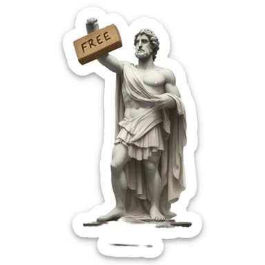 Greek god statue holding a board saying free sticker