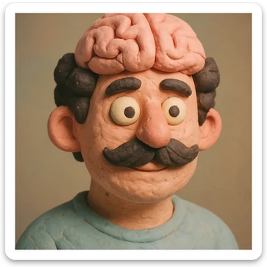 Enhance the claymation man wearing a brain by adding more depth and dimension to the image. Make him more attractive, inspired by the first version, with dark curly hair, thick mustache, light skin, claymation style, visible fingerprints, and pastel colors. sticker