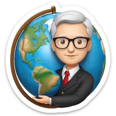professor with glasses and academic attire rotating a world globe sticker