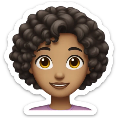 A girl with brown eyes, short black curly hair, a medium body, and burgundy skin sticker