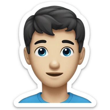 cute boy with short black hair and blue eyes and a big nose sticker