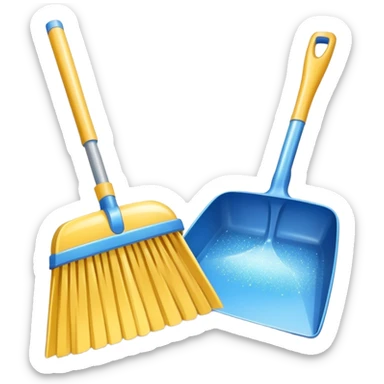 broom and dustpan with sparkles, clean and friendly sticker