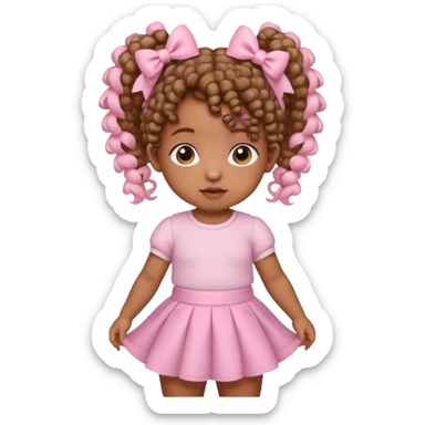 a brown skin baby with curly hair and a baby pink skirt and baby pink bows with her hair in pigtails sticker