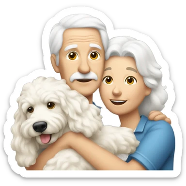 old couple r hugging with a big white goldendoodle sticker