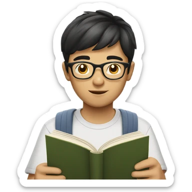 a Asian boy with glasses reading a book sticker