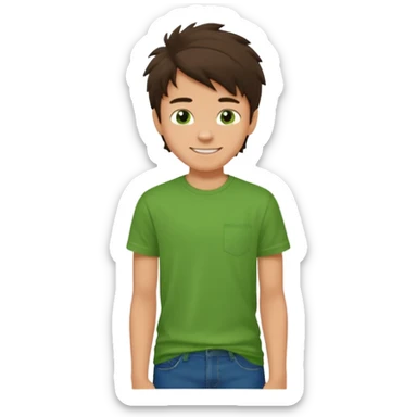 A 14 yerar old teenage boy, slightly tanned, wearing a green t-shirt , blue jeans and green sneakers with dark brown tousled hair, smirking sticker