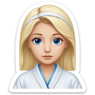 Blonde women, with brown eyes,  wearing a white spa robe with blue gel eye pads under her eyes. sticker