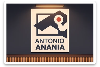 su questo stile fai un manga/webtoon a colori in cui mostri quella parete dietro dello studio con il suo logo e la scritta "ANTONIO ANANIA" SOTTO IL LOGO, LUCE CHE ILLUMINA IL LOGO sticker