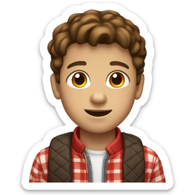 A brown haired kid wearing a red checkered jacket and has braces and also is American sticker