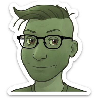 a dark-haired guy with hair to his earlobes, square glasses, brown eyes sticker