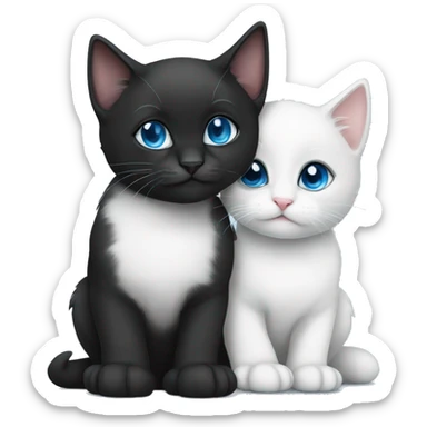 Black kitten male and white kitten female with blue eyes hugging eachother cutely sticker