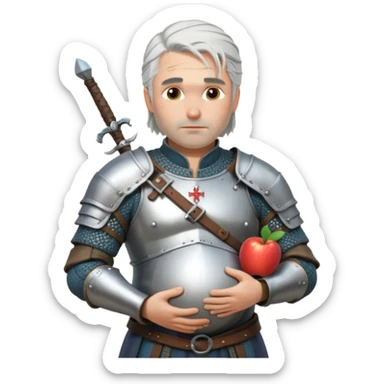 Geralt of Rivia holding pregnant belly, silver hair, medieval armor, whimsical expression, Apple emoji style sticker