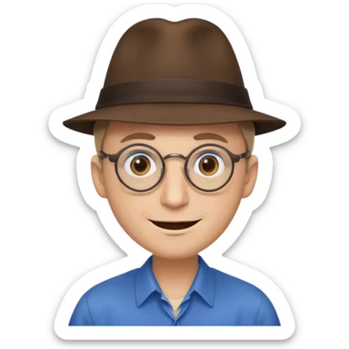 A man with sharp and thin face, brown round glasses, a brown hat and a brown costume with beige shirt (shoulders only), with blue eyes and a large smile on his face and menacing eyes. sticker