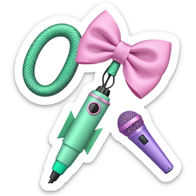 A pastel pink bow with a pastel green snake on the top of one side and a pastel purple microphone on the bottom of the other side sticker