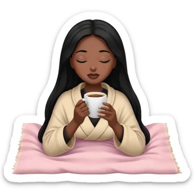 Black long hair lady with black skin inside a beige and light pink blanket sipping coffe with eyes closed  sticker