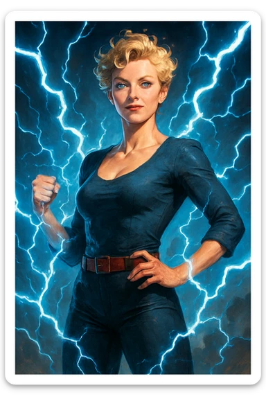 a woman with short curly blonde hair, blue eyes, and blue electricity crackling around her, confident pose sticker