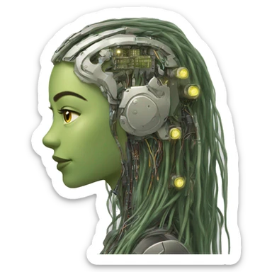 Olive green long hair female cyborg head with circuits sticker