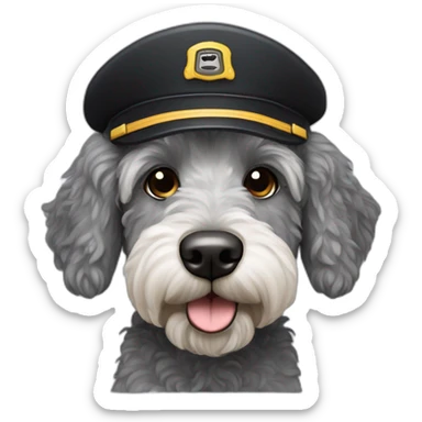 grey and black labradoodle dog's face with pilot cap on sticker