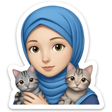 White girl wearing blue hijab holding a black grey tabby cat sticker
