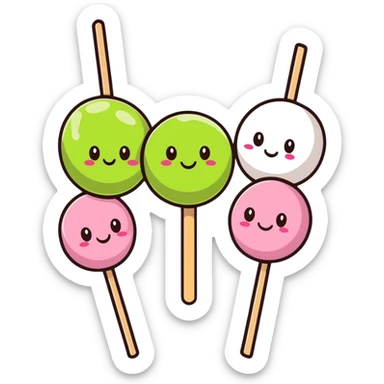 Cute kawaii Japanese dango with happy face, three colorful rice balls on a stick with pink, white, and green colors sticker