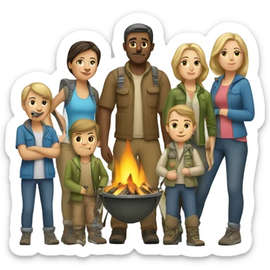 6 caucasian family members camping sticker