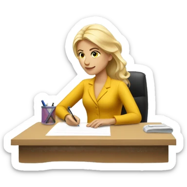 a blonde woman writing on a desk in her office
 sticker