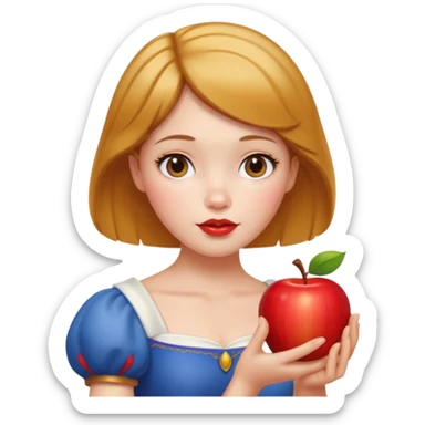 Create an emoji of Snow White holding a red apple, with short golden-brown hair. sticker