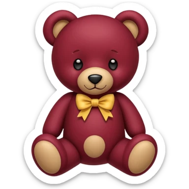 a burgundy teddy bear with a bow sticker