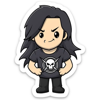 A metalhead with long flowing black hair, wearing a black heavy metal t-shirt, smirking confidently sticker