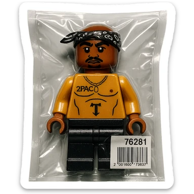 Lego minifigure of 2Pac, with signature bandana and West Coast style, glossy sticker