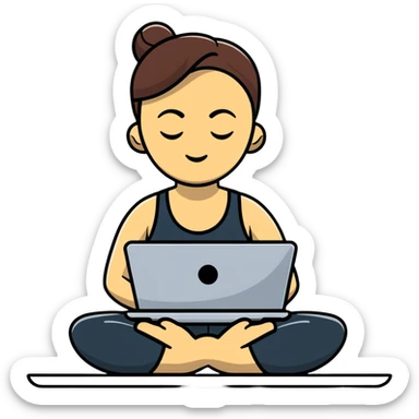 cartoon sticker of a yoga teacher meditating with a laptop beside her sticker