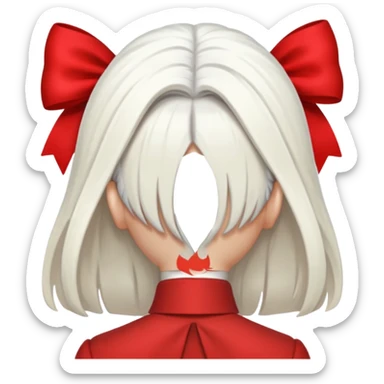 back view of white hair with red bo sticker