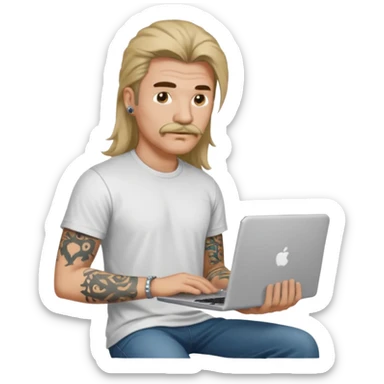 A DEVELOPER WITH A laptop, USING t-shirt, long hair,mullets style, mustache, tattoo, piercing sticker