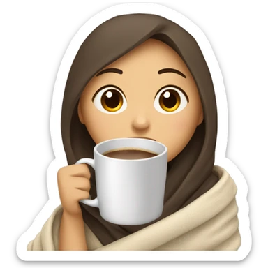 Asian girl wrapped in cozy blanket drinking coffee sticker