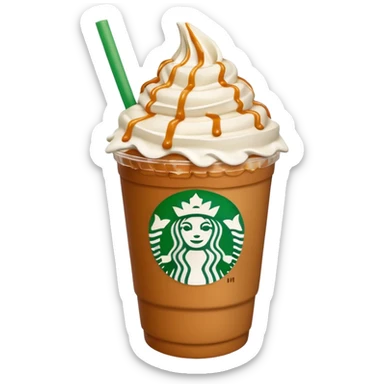 A 3D cartoon cup of caramel frappuccino topped with whipped cream and caramel drizzle, green straw, no logo, frosty texture, soft lighting, Memoji-style. sticker