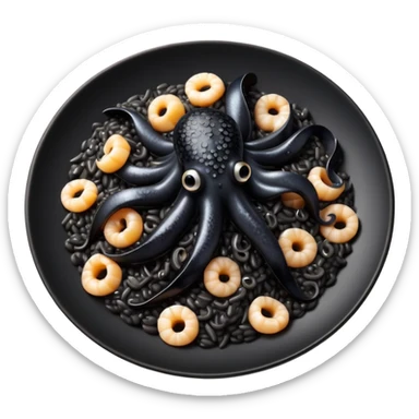 cinematic-realistic-black-risotto-dish-emoji,-showcasing-small black squid pieces-rendered-with-bold-textures-and-dynamic,-dramatic-lighting. sticker