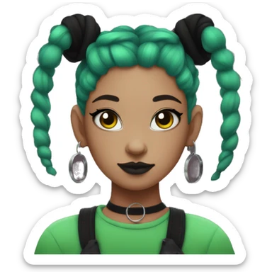 Goth girl, green space buns, red flannel, hoop earrings, cat eyeliner sticker