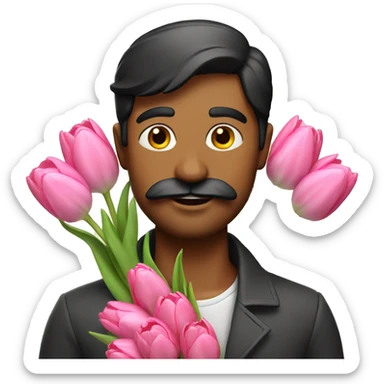 Indian man holding Bouquet of pink tulips with mustache and light scruff sticker