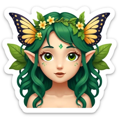Cinematic Realistic Forest Nymph Fairy Portrait, head tilted playfully and inquisitively, showcasing a nature-inspired form with intricately detailed, sunlit tanned skin and cascading dark green hair interlaced with leaves and blossoms showing her large butterfly wings from her back. Her bright, curious eyes sparkle with forest mischief, rendered with lifelike clarity and warm, dappled lighting that captures the spirit of an enchanting woodland fairy ready to dance among the trees. sticker