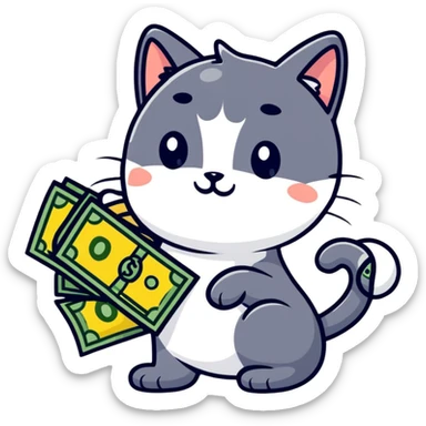 A cat with a bunch of money, showing it around in a sticker