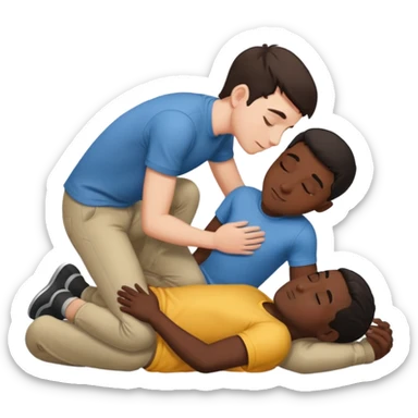 White male dark hair and black adult male naked, spooning on floor.,touching, kissing, in love sticker