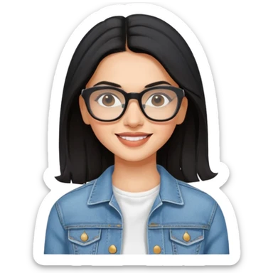 generate a pretty bratz emoji 
Make her wear a white dress with a denim jacket over it. black hair side part 

She should look exactly  like Deepika padukone. wearing rectangular spectacle, smiling sticker